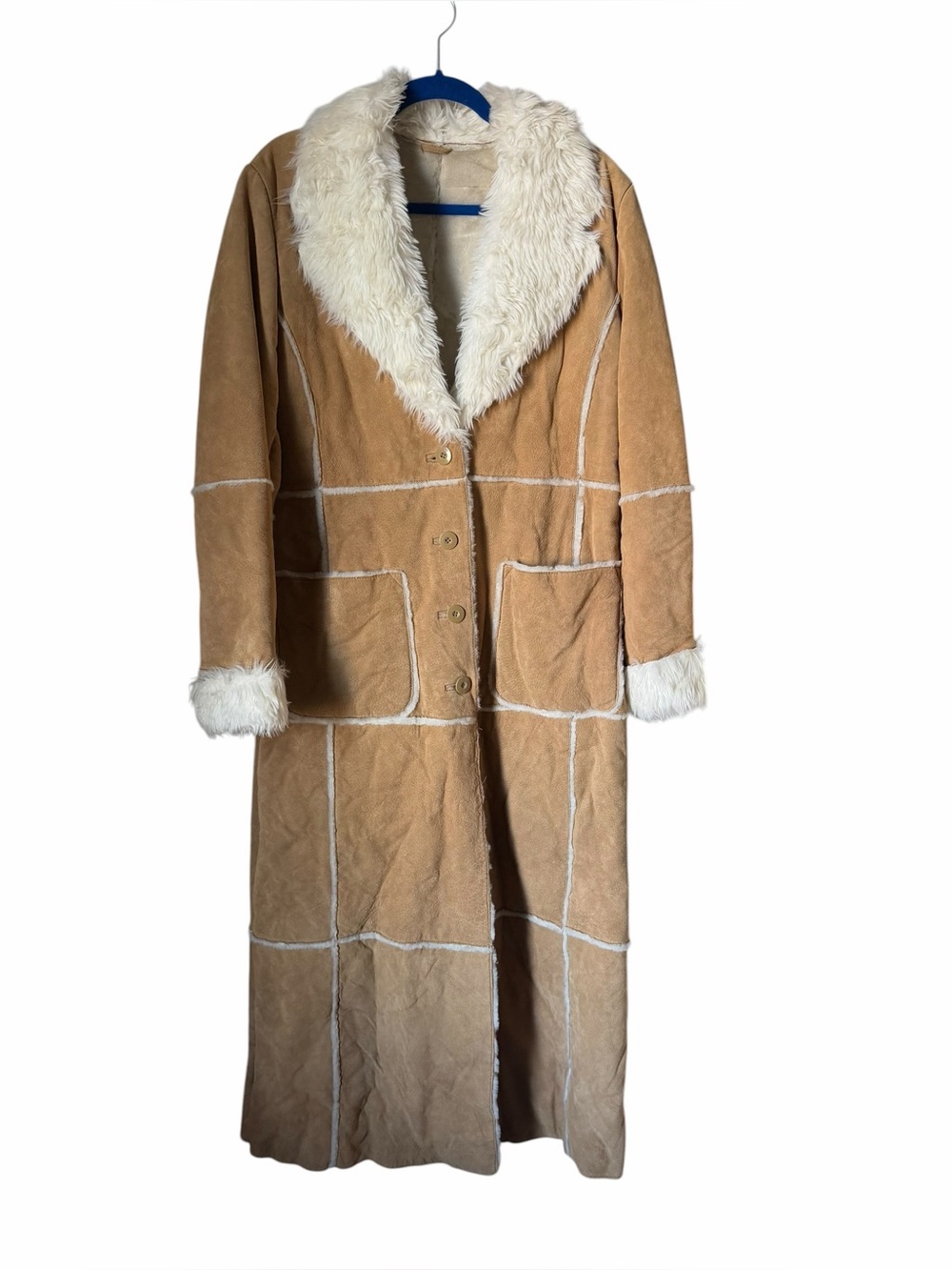 Long 100% Genuine Leather Suede Shearling Coat Collar Penny Lane Patchwork Fall